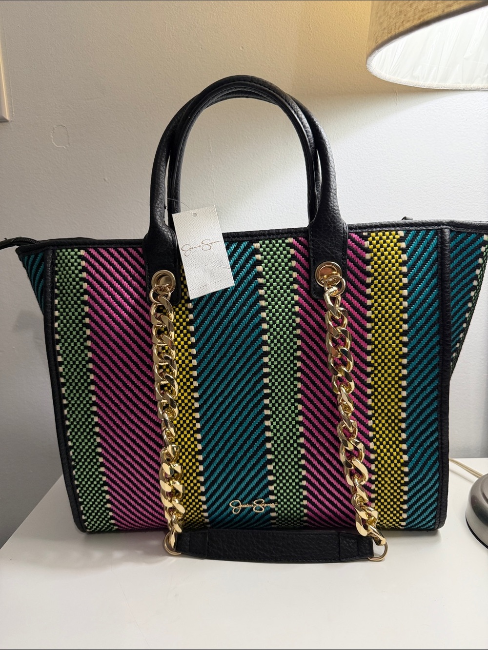 Jessica Simpson Pink Teal Yellow Green Striped Tote with Gold Chain